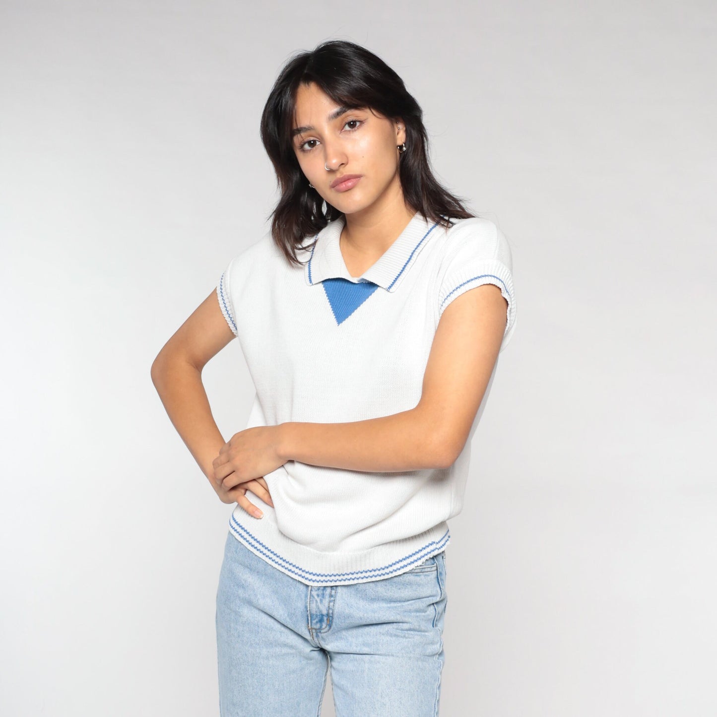90s White Knit Polo Cap Sleeve Collared Sweater Top Blue Trim Small S