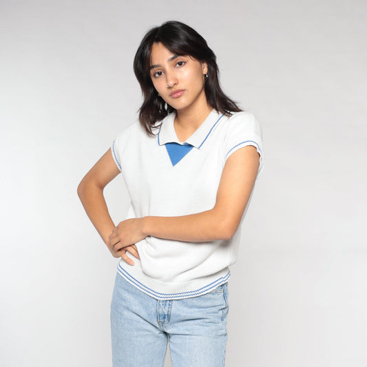 90s White Knit Polo Cap Sleeve Collared Sweater Top Blue Trim Small S
