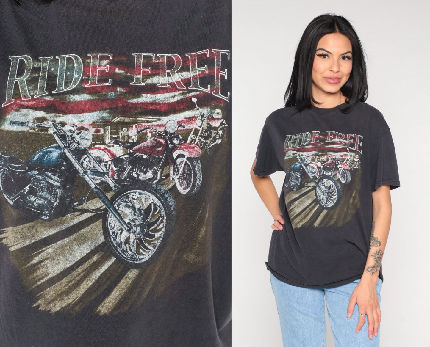 00s Motorcycle Ride Free Graphic T-Shirt American Flag Black Medium