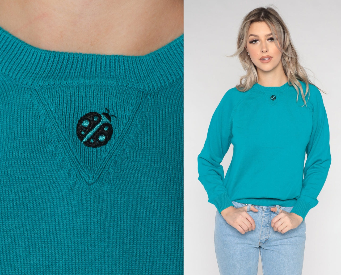90s Teal Cotton Knit Sweater Ladybug Embroidered Raglan Crewneck Medium