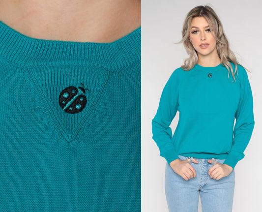 90s Teal Cotton Knit Sweater Ladybug Embroidered Raglan Crewneck Medium
