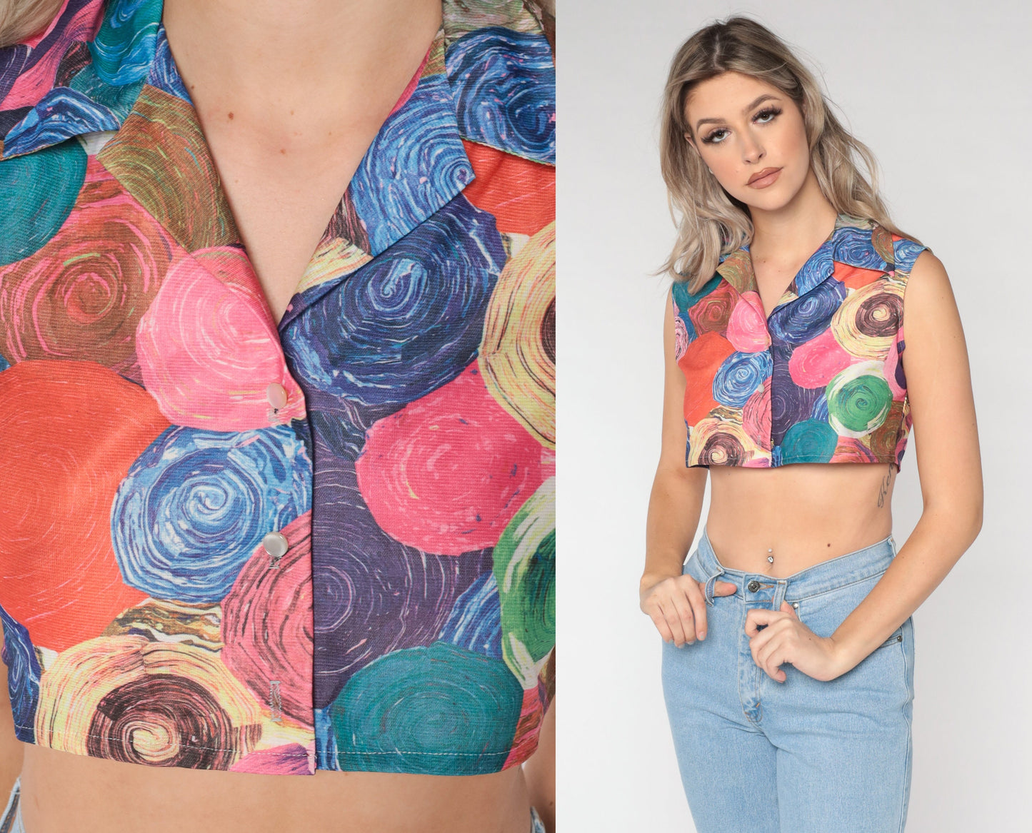 70s Swirl Print Sleeveless Crop Top Button-Up Shirt Small S