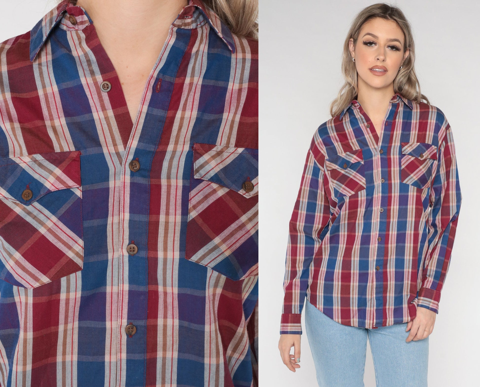 80s Burgundy Blue Plaid Button-Up Shirt Cotton Long Sleeve Medium