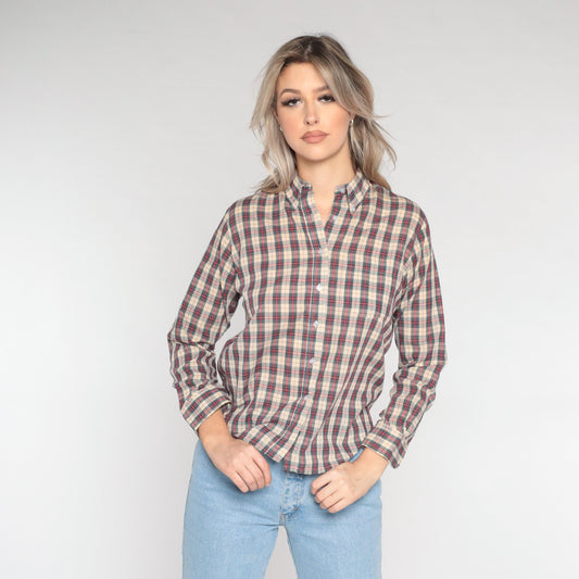 80s Plaid Button-Up Blouse Tan Red Green Checkered Long Sleeve Large