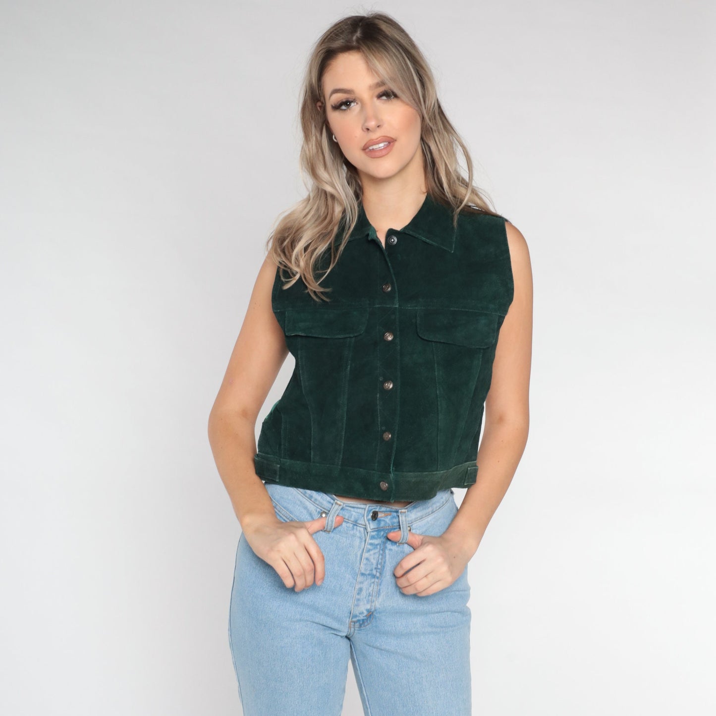 90s Dark Green Suede Leather Snap-Front Vest Small S