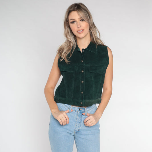90s Dark Green Suede Leather Snap-Front Vest Small S