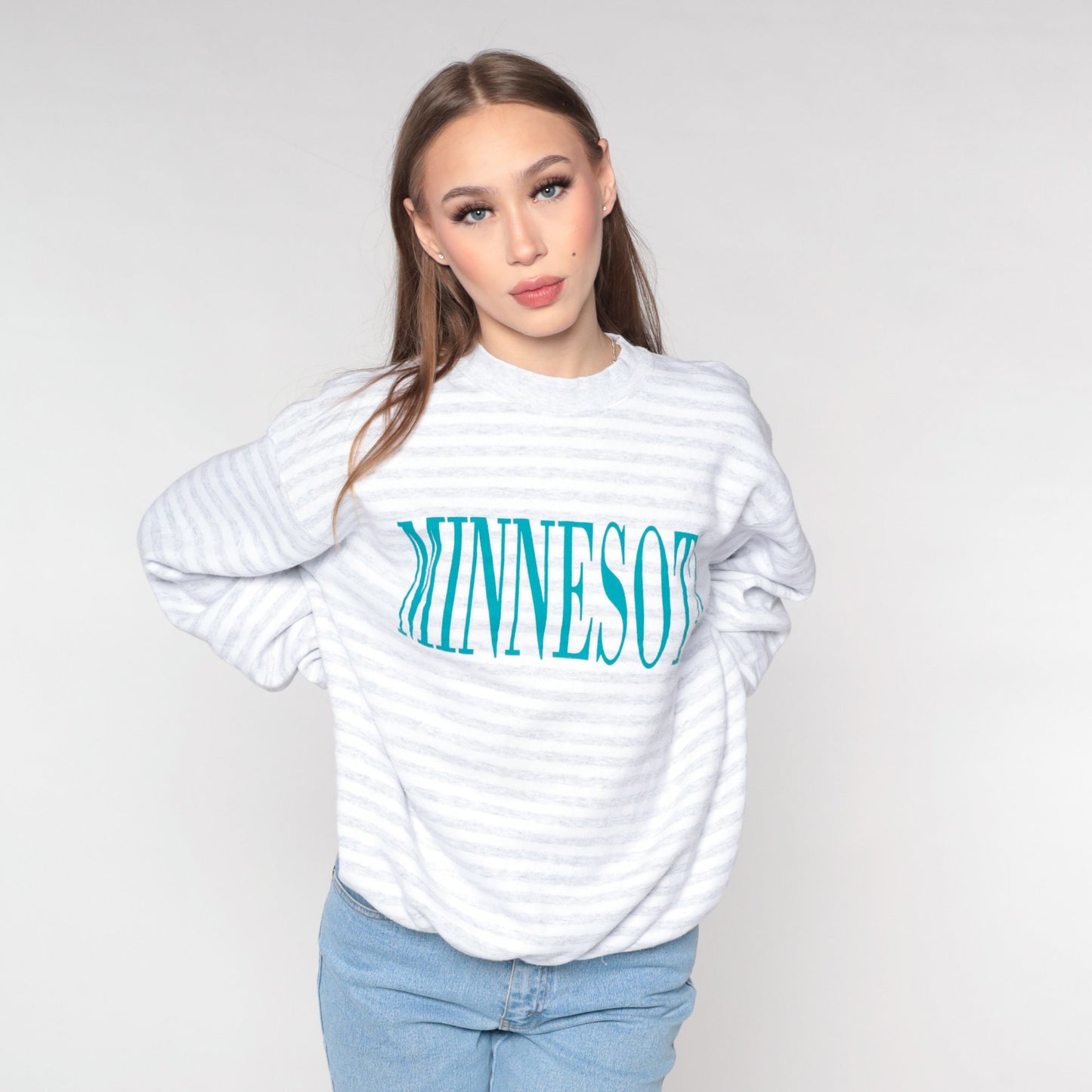 90s Minnesota State Graphic Sweatshirt Grey White Striped Crewneck Large