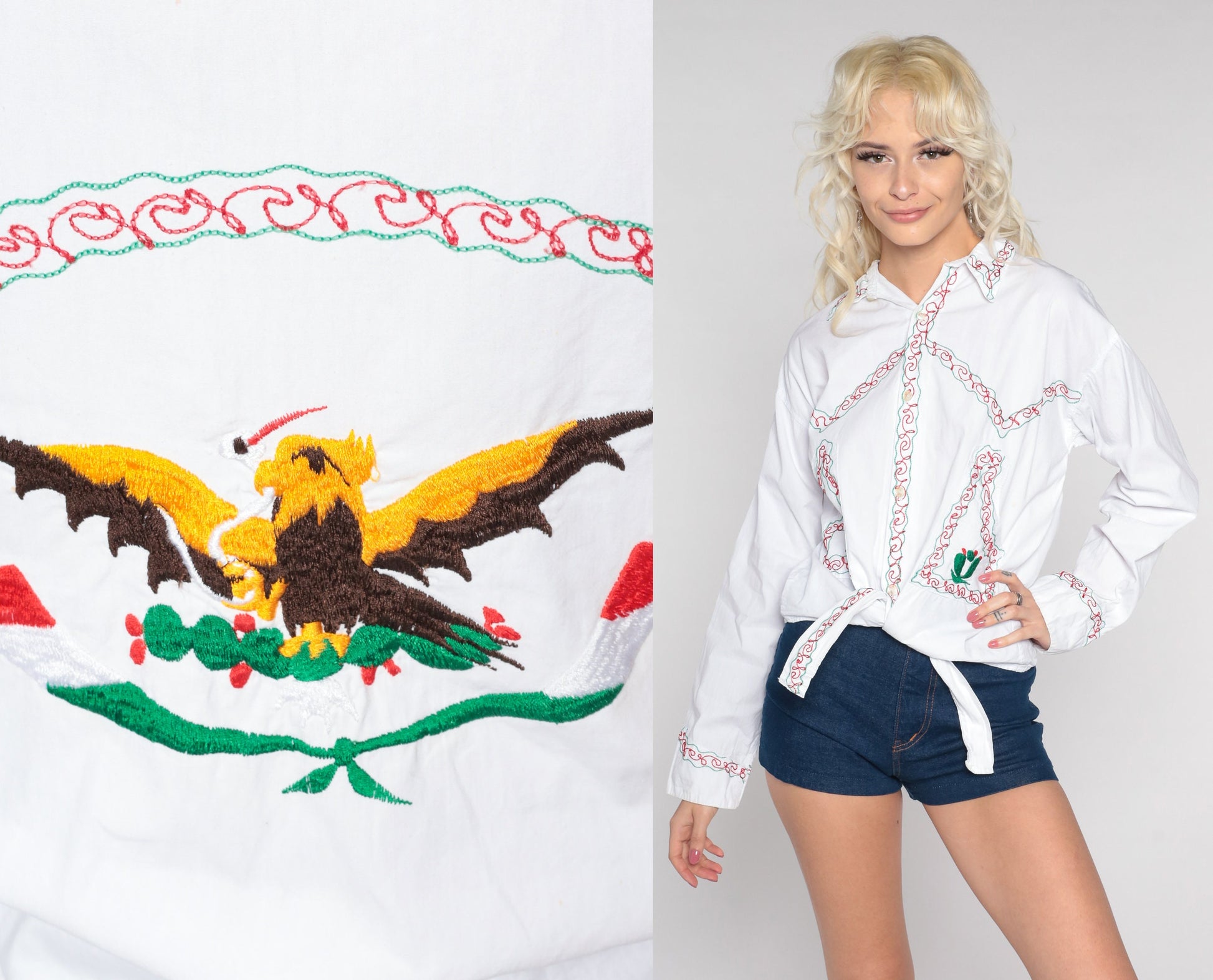 90s Embroidered Mexican Eagle Cactus Cotton Button Up White Medium