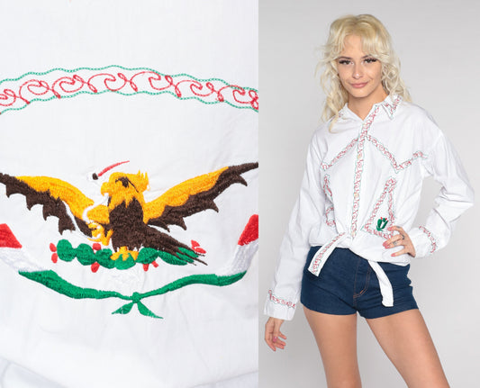 90s Embroidered Mexican Eagle Cactus Cotton Button Up White Medium