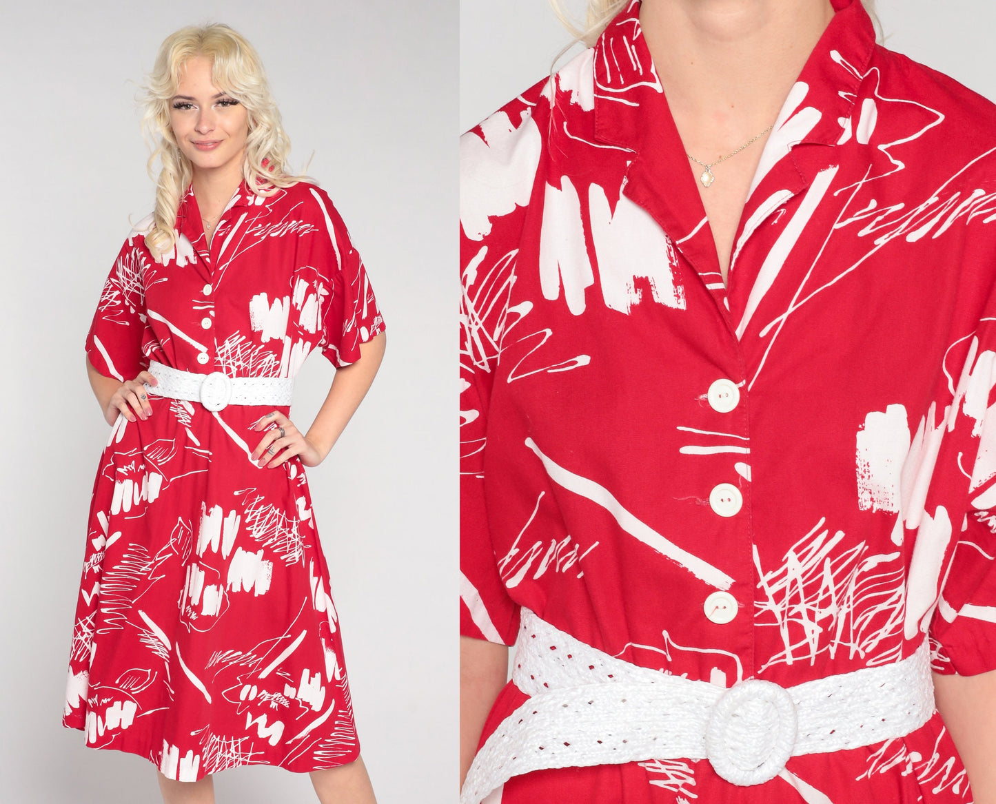 80s Brushstroke Print Midi Shirt Dress High Waist Button Up Red White Medium