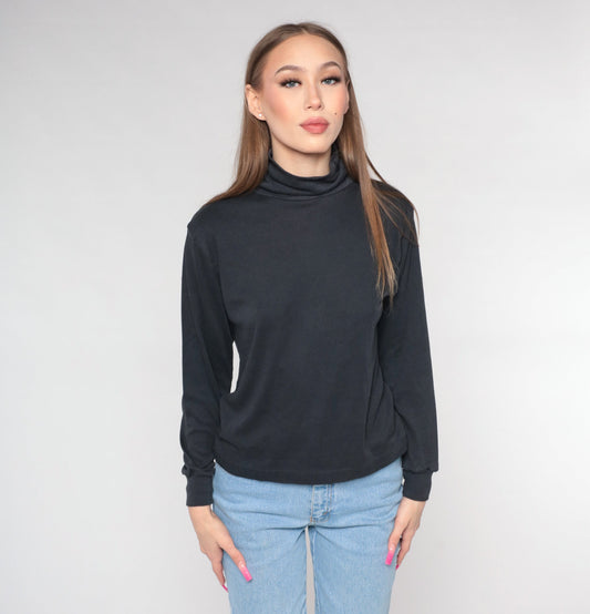 90s Black Turtleneck Long Sleeve Shirt Plain Cotton Medium