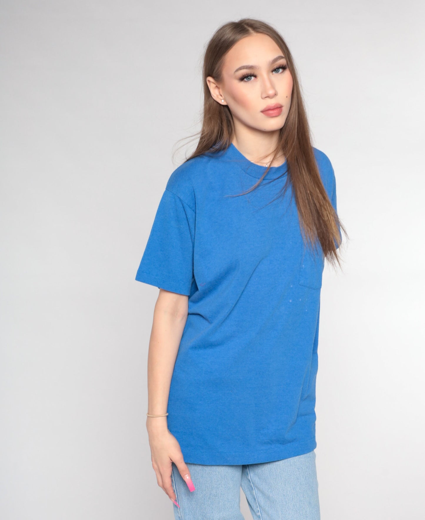 90s Blue Pocket T-Shirt Distressed Bleach Marks Cotton Large