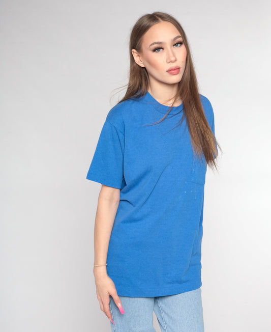 90s Blue Pocket T-Shirt Distressed Bleach Marks Cotton Large