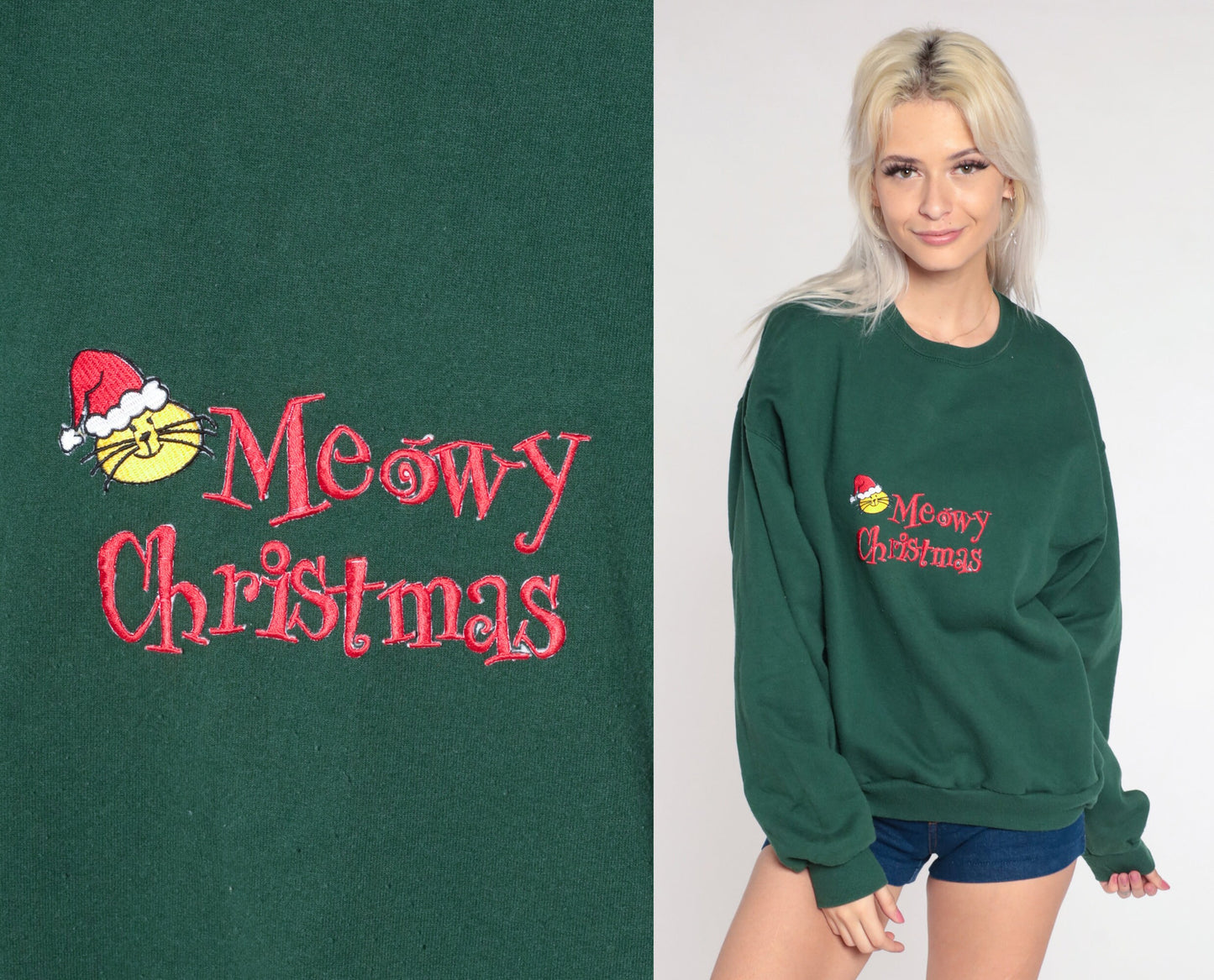 Y2K Meowy Christmas Cat Sweatshirt Green Crewneck Jerzees Medium