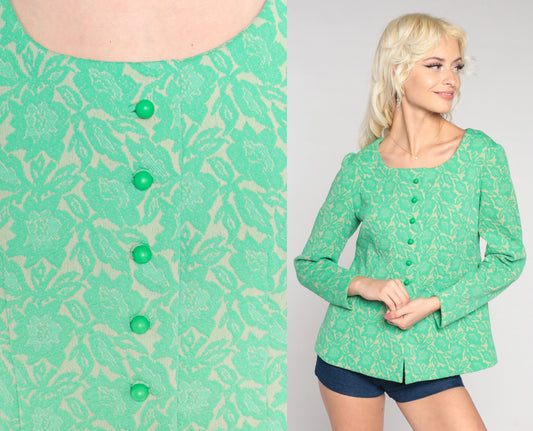 70s Green Floral Button-Up Blouse Long Sleeve Textured Print Small