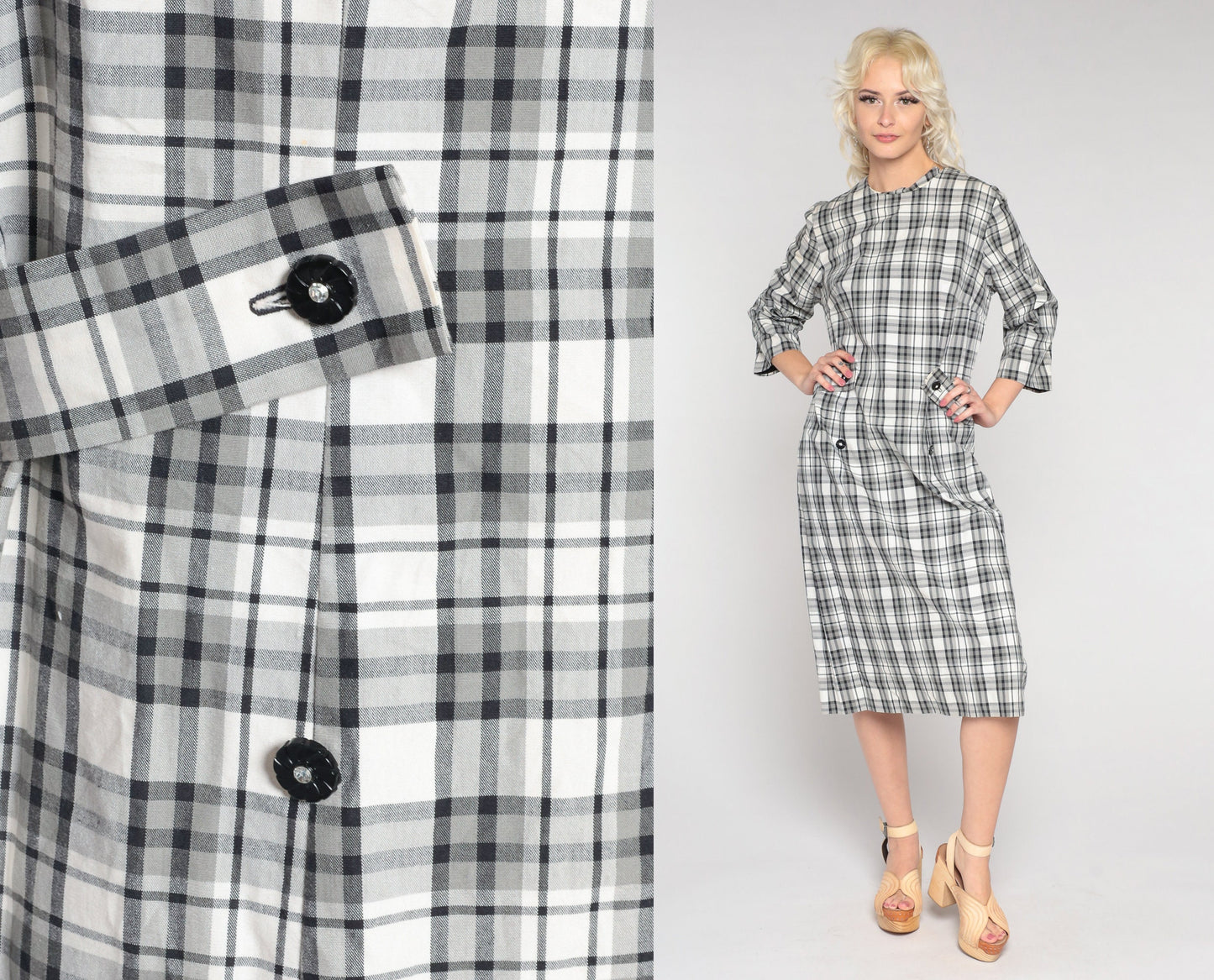 60s Mod Checkered Shift Dress Grey Plaid Midi Medium