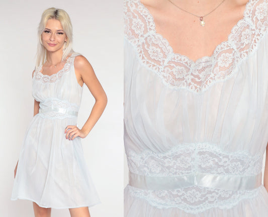 60s Vanity Fair Baby Blue Nylon Lace Nightgown Empire Waist Mini Extra Small