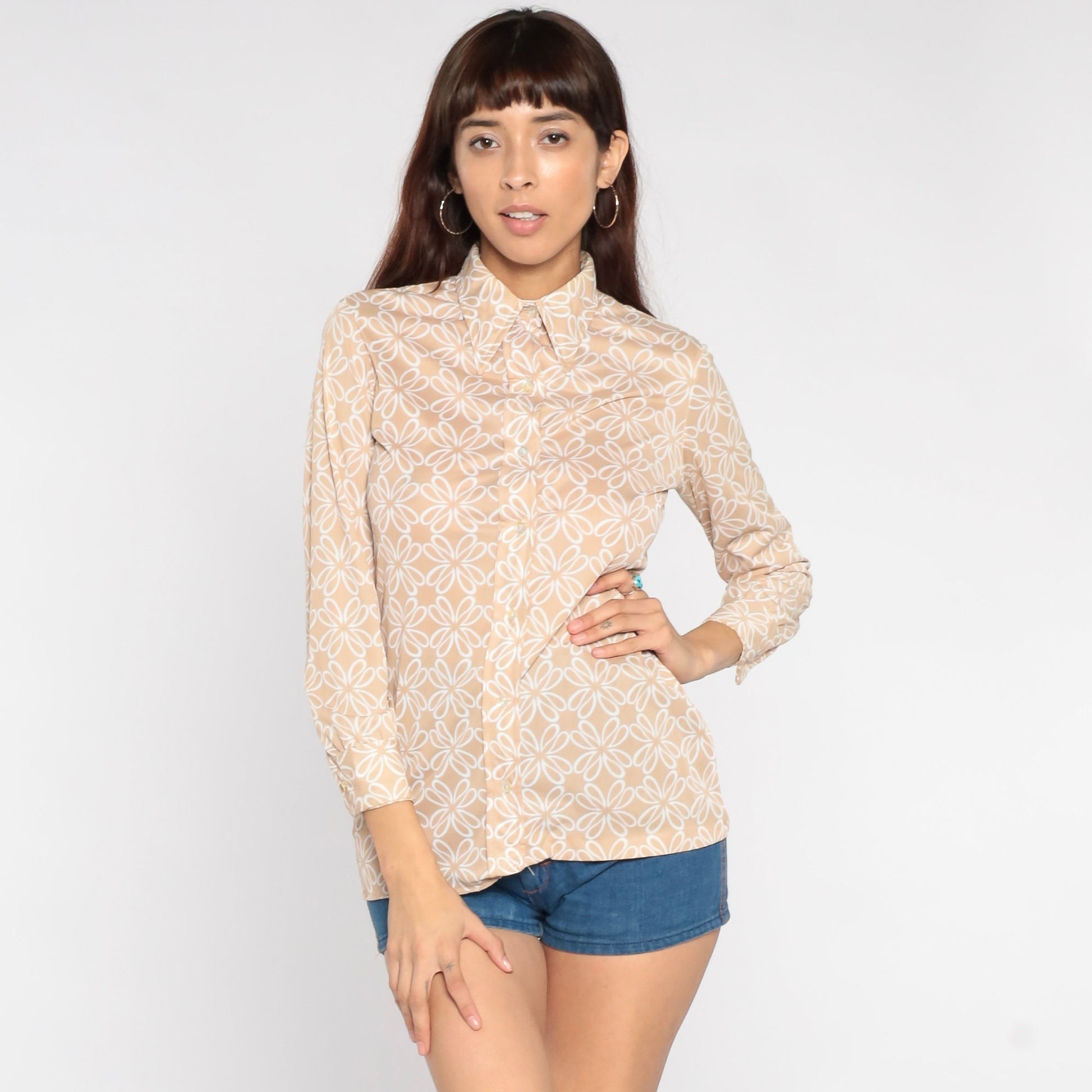 70s Vera Abstract Floral Button-Up Shirt Tan Pointed Collar Long Sleeve Small