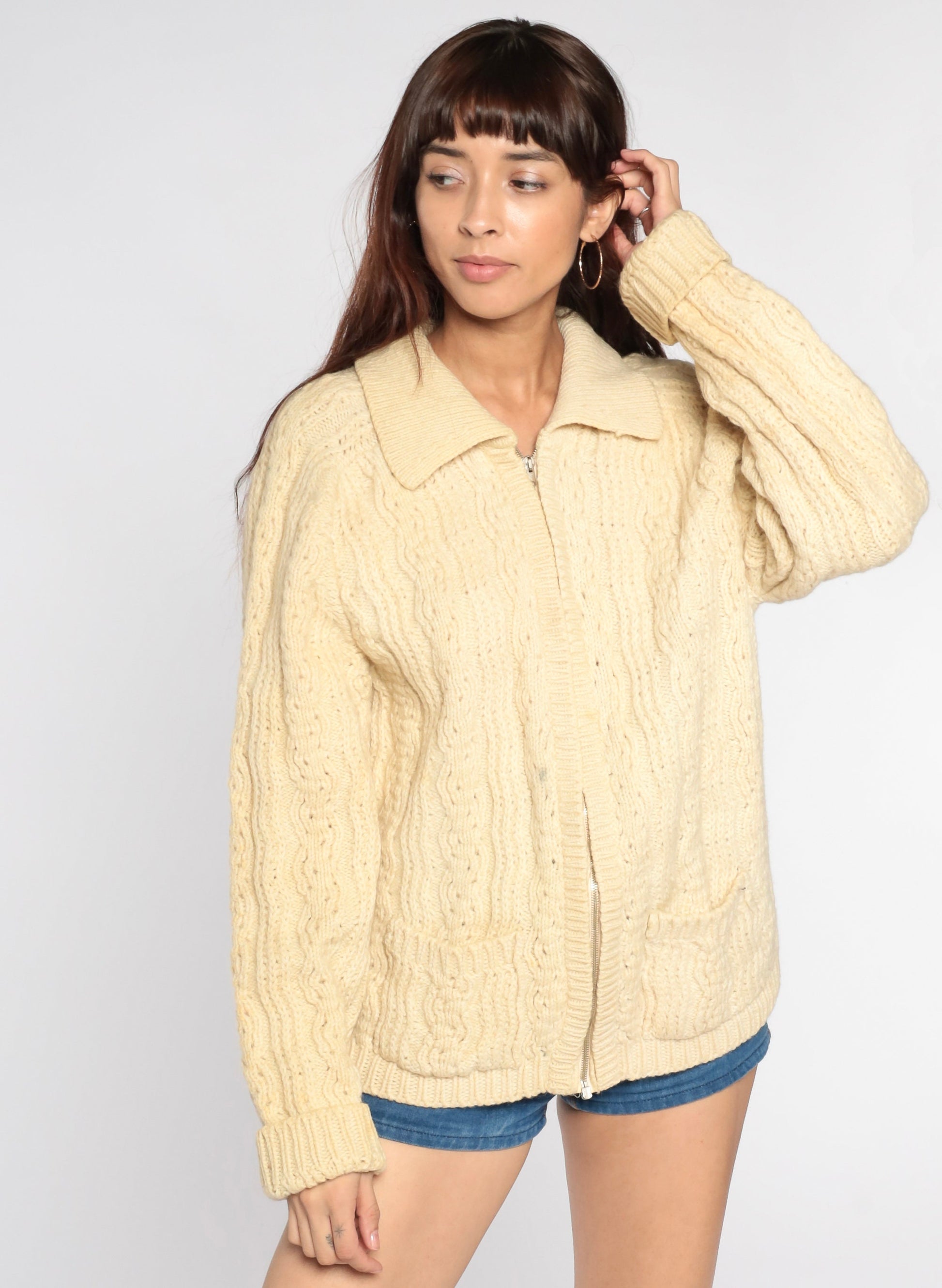 70s Cream Wool Cable Knit Cardigan Zip-Up Fisherman Sweater Large