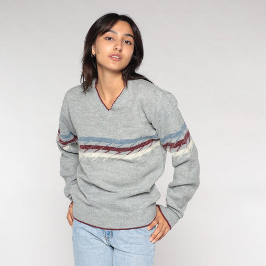 70s Saturdays In California V-Neck Striped Knit Sweater Grey Burgundy Medium