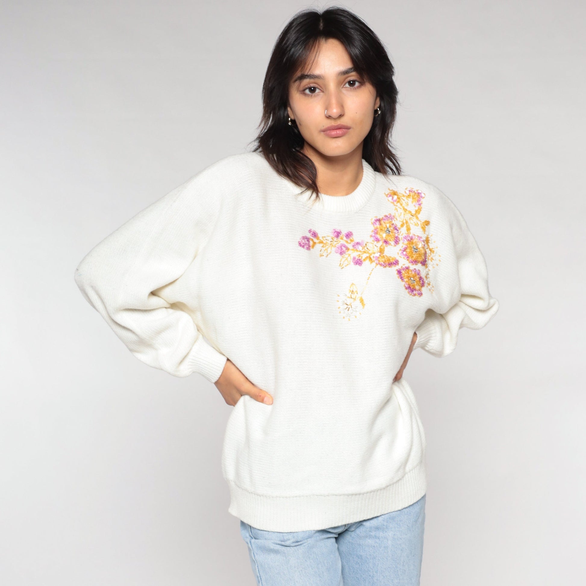 90s White Floral Sequin Beaded Sweater Dolman Sleeve Knit Large