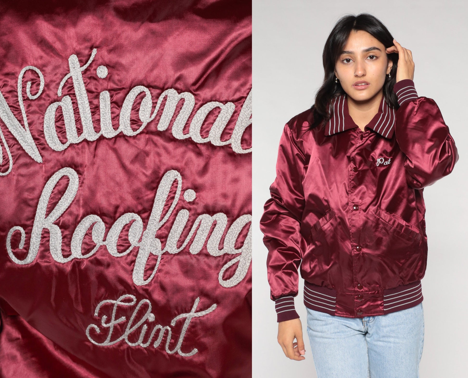 80s National Roofing Burgundy Nylon Bomber Jacket Embroidered Pat Small