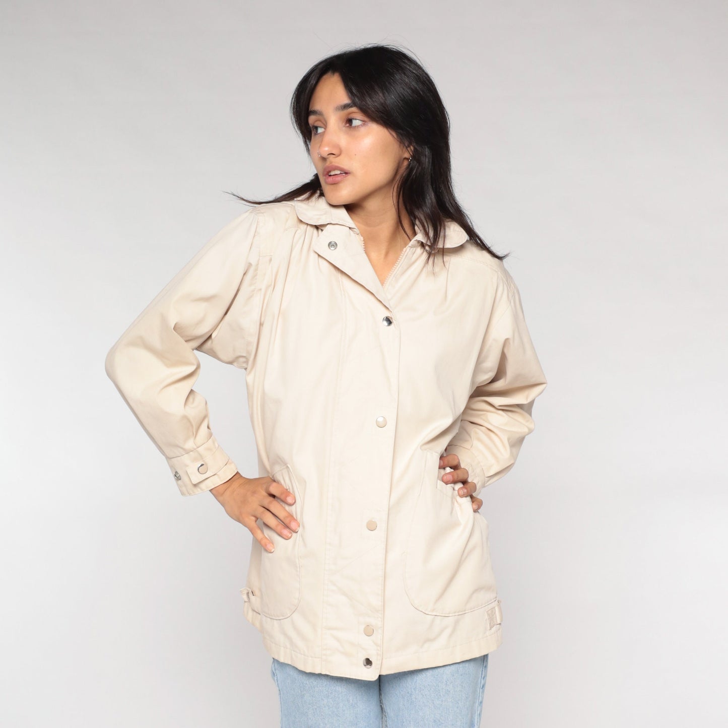 90s London Fog Cream Hooded Windbreaker Jacket Small S