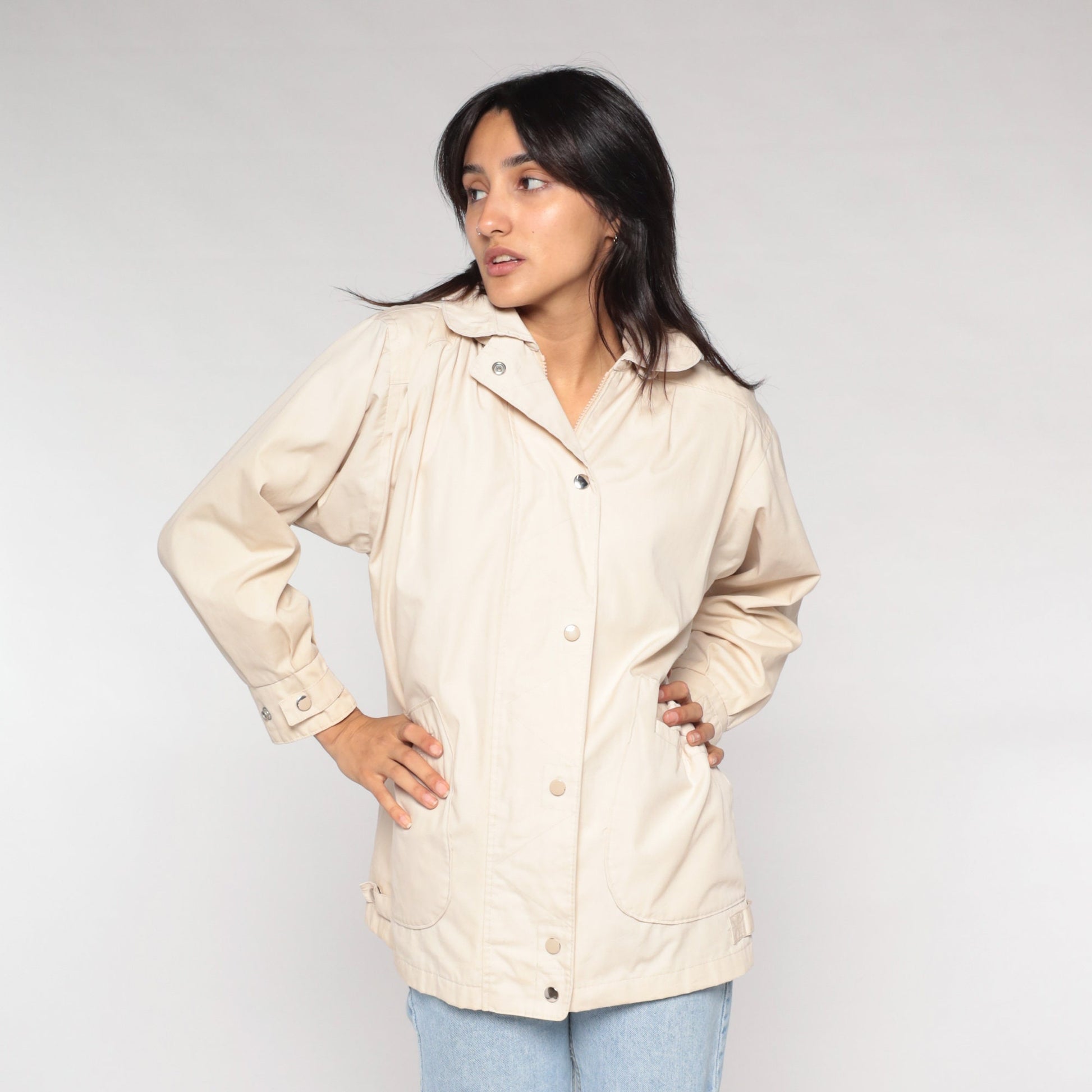 90s London Fog Cream Hooded Windbreaker Jacket Small S