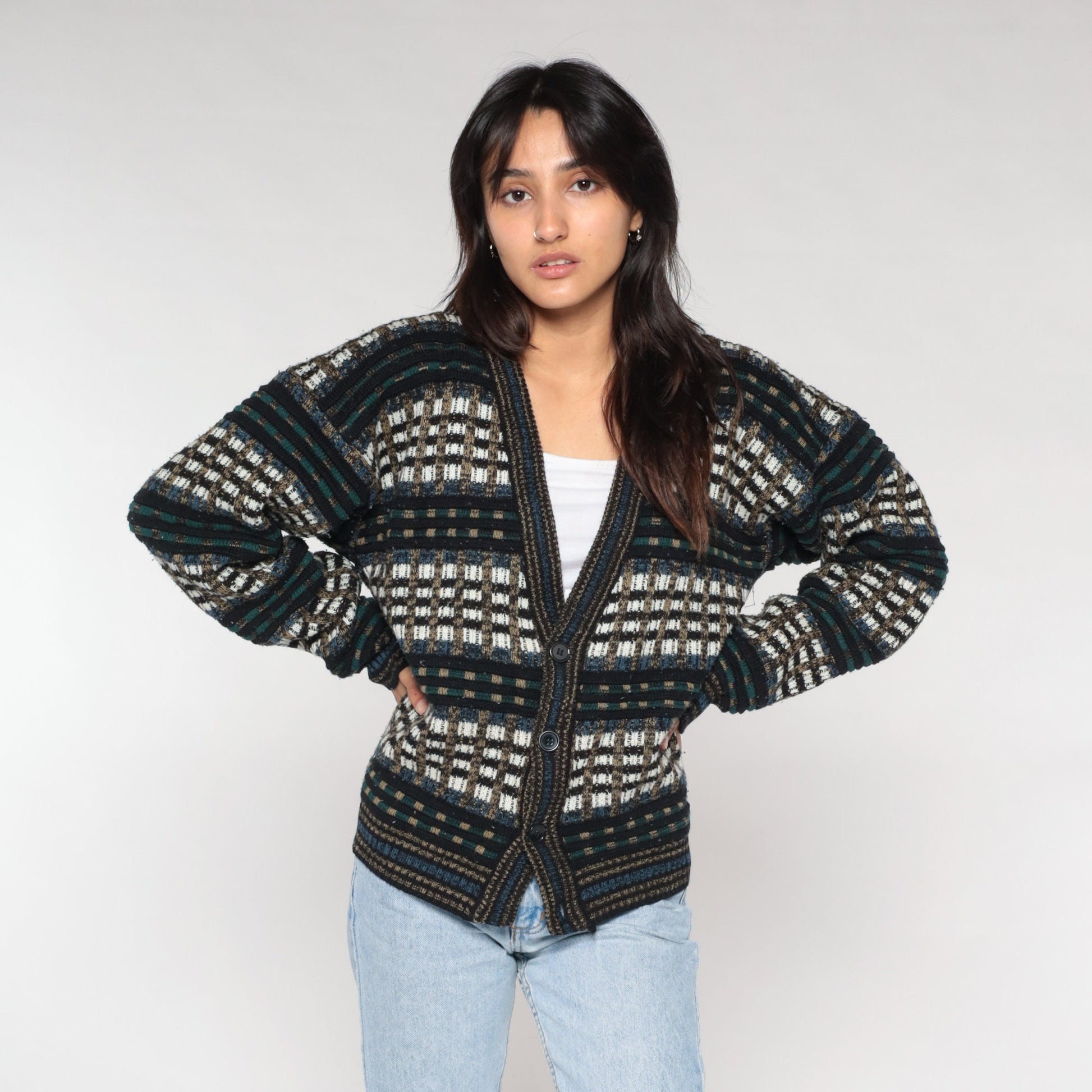 90s Checkered Cardigan Button-Up Knit Sweater Multicolor Large