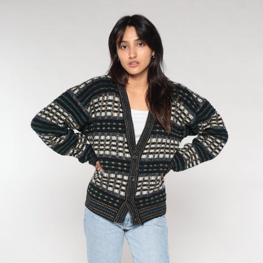 90s Checkered Cardigan Button-Up Knit Sweater Multicolor Large