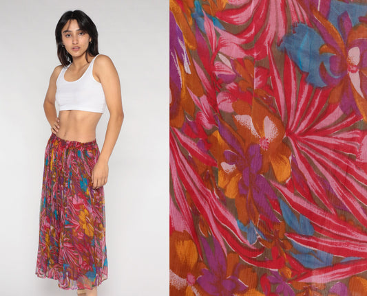 90s Red Floral Broomstick Midi Skirt Drawstring Waist Medium M
