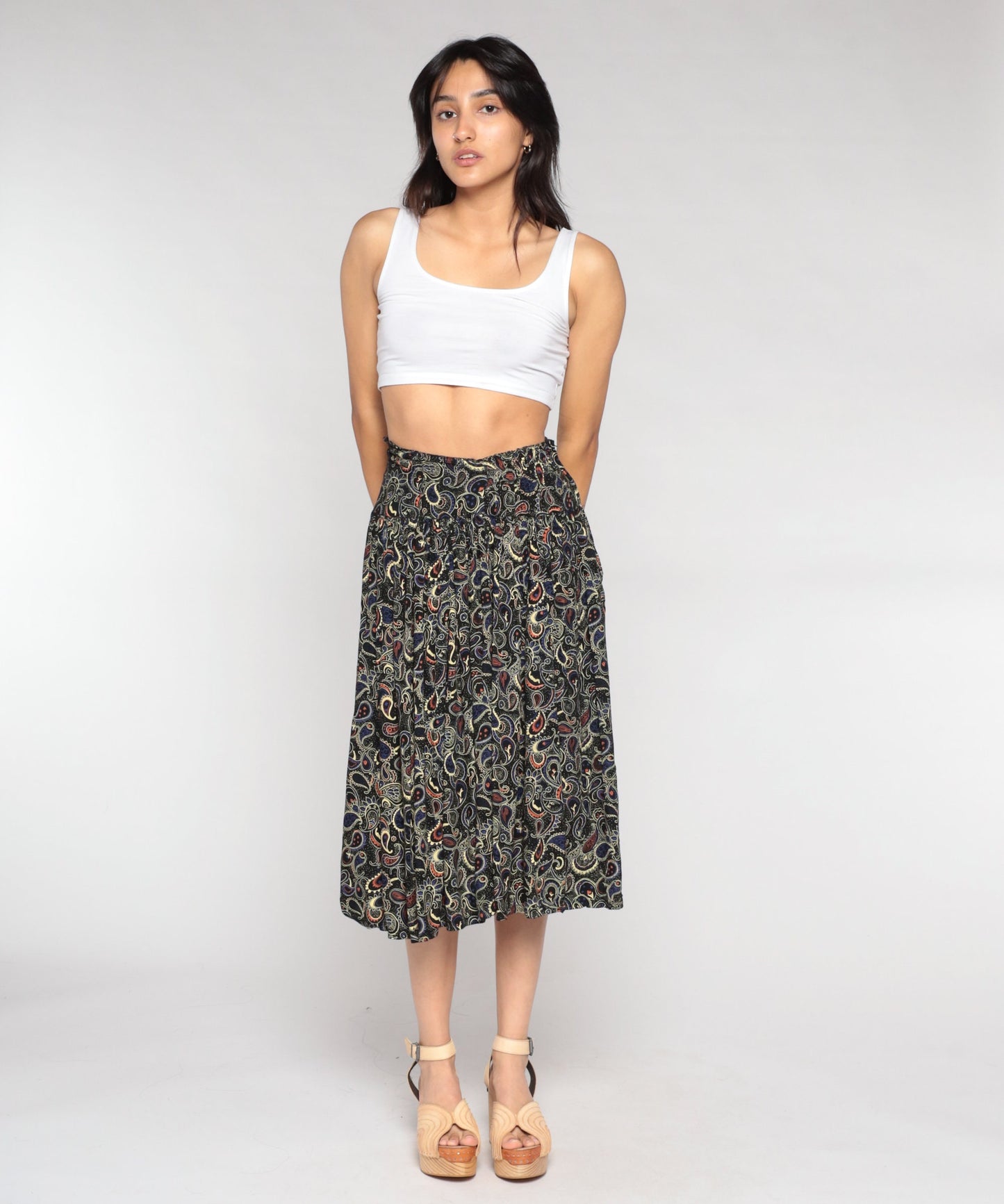 90s Black Paisley Midi Skirt High Waist Extra Small XS
