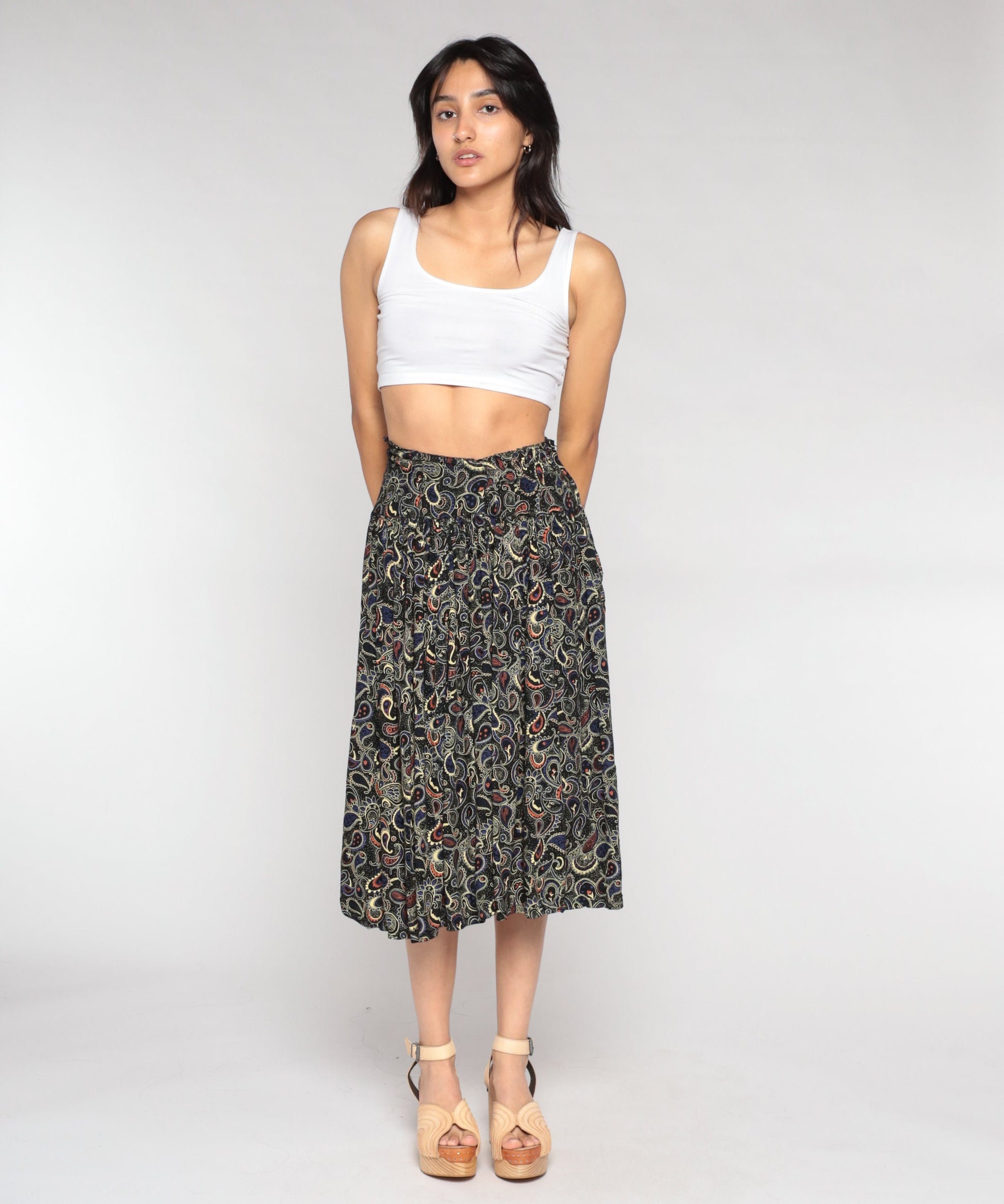 90s Black Paisley Midi Skirt High Waist Extra Small XS