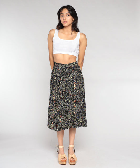 90s Black Paisley Midi Skirt High Waist Extra Small XS