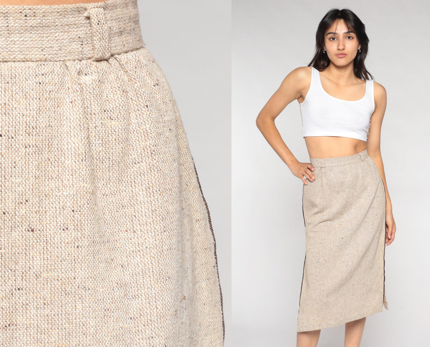 70s Tan Pencil Midi Skirt High Waist Side Slit Woven Extra Small
