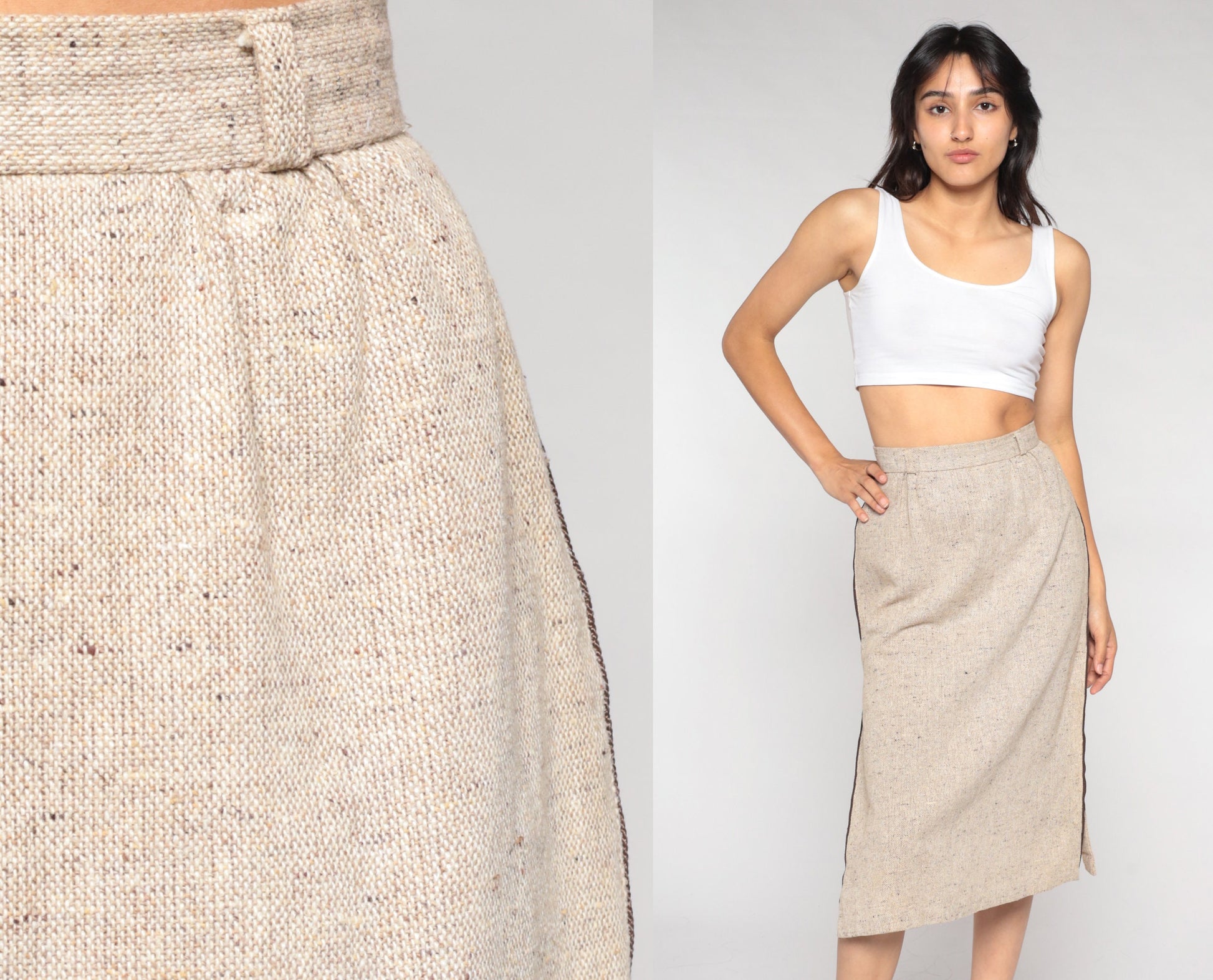 70s Tan Pencil Midi Skirt High Waist Side Slit Woven Extra Small
