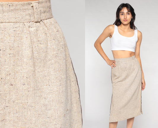 70s Tan Pencil Midi Skirt High Waist Side Slit Woven Extra Small