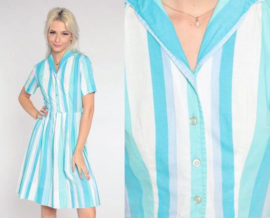60s Blue White Striped Shirtdress Pleated Midi High Waist Button Up Extra Small