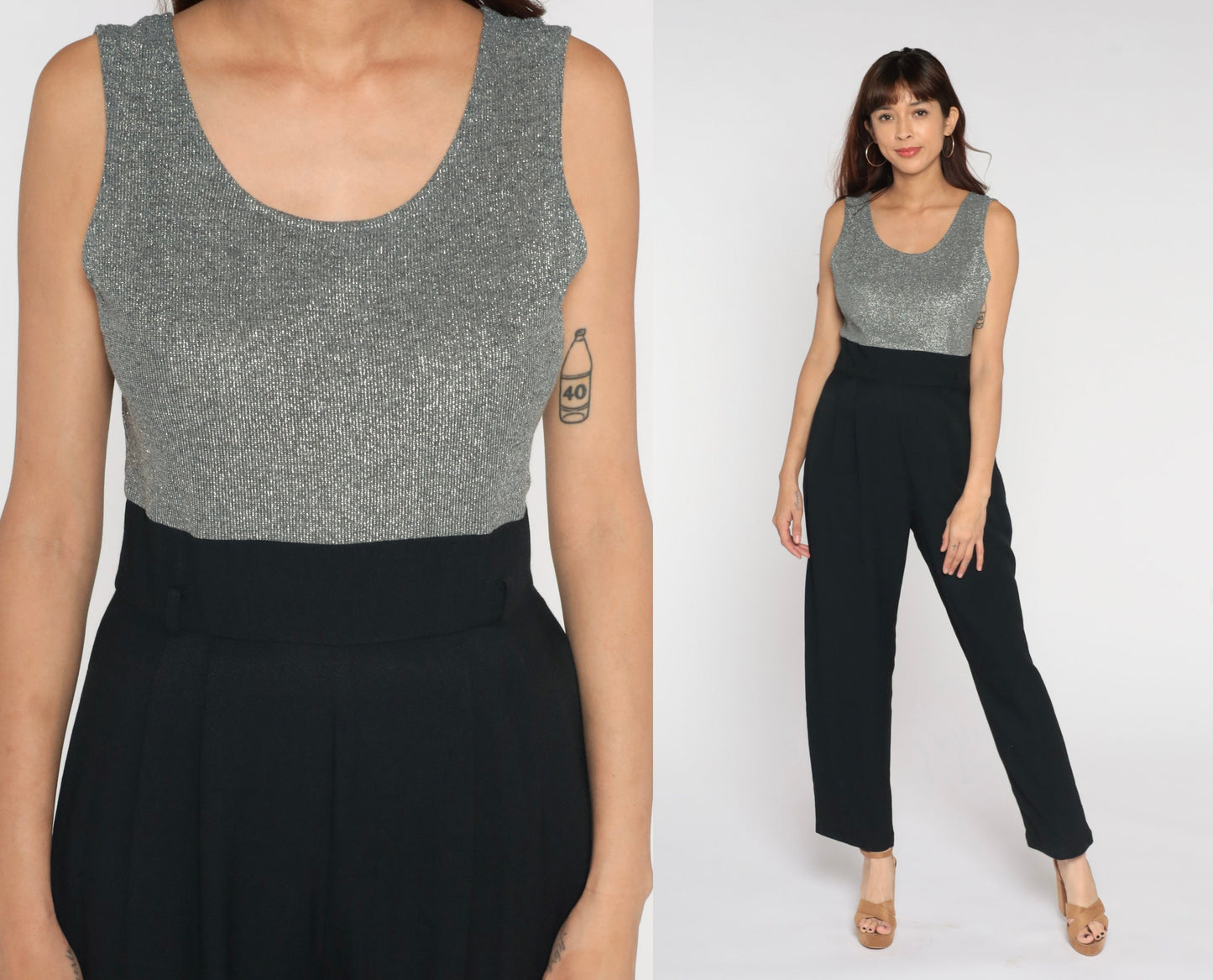 90s Black Wide Leg Jumpsuit Silver Metallic Bodice Sleeveless High Waist Medium