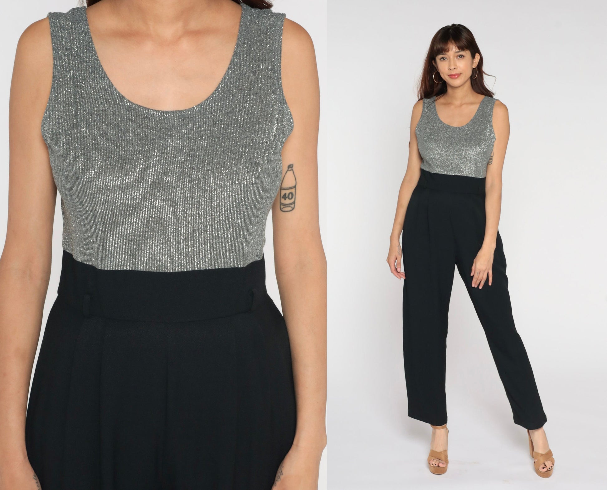 90s Black Wide Leg Jumpsuit Silver Metallic Bodice Sleeveless High Waist Medium