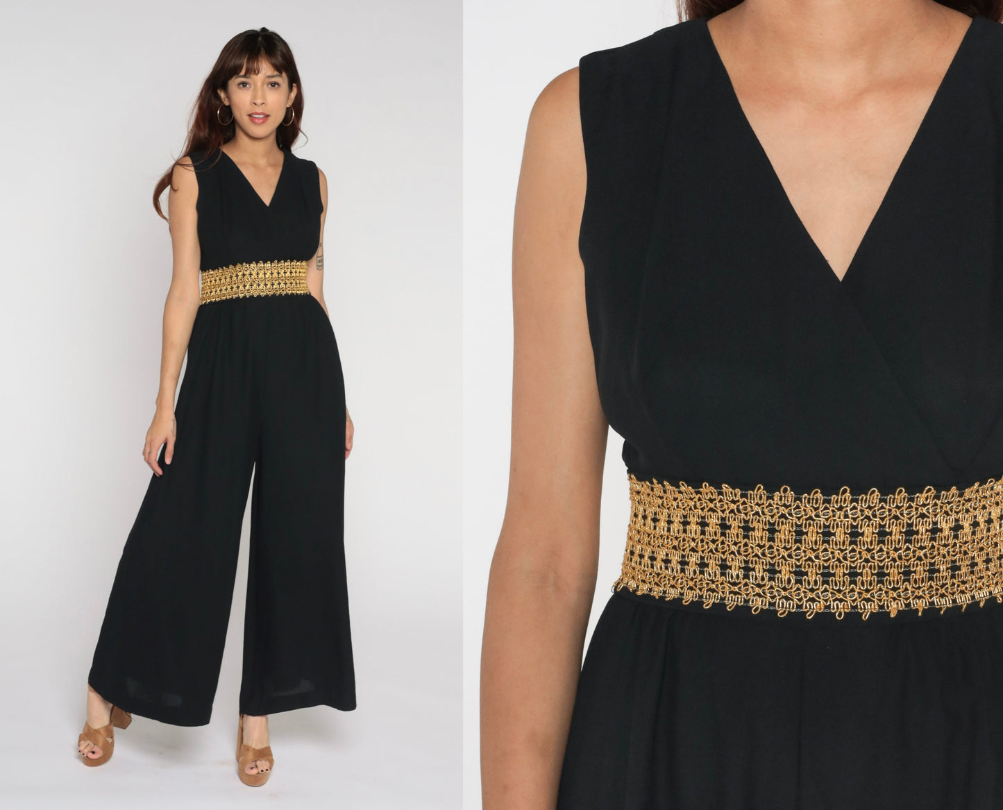 70s Black Jumpsuit Wide Leg Deep V Metallic Trim Sleeveless Small
