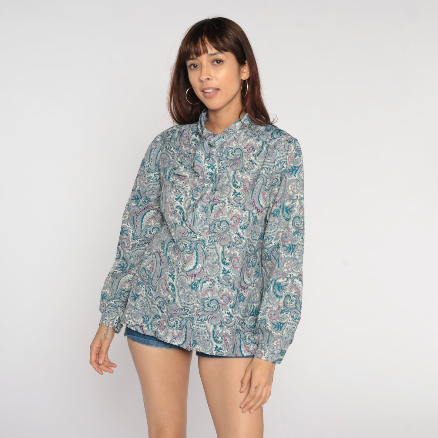 70s Paisley Ascot Blouse Teal Psychedelic Button-Up Puff Sleeve Medium