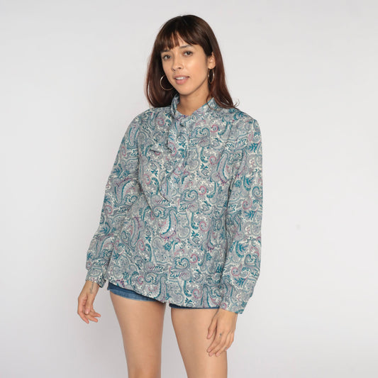 70s Paisley Ascot Blouse Teal Psychedelic Button-Up Puff Sleeve Medium