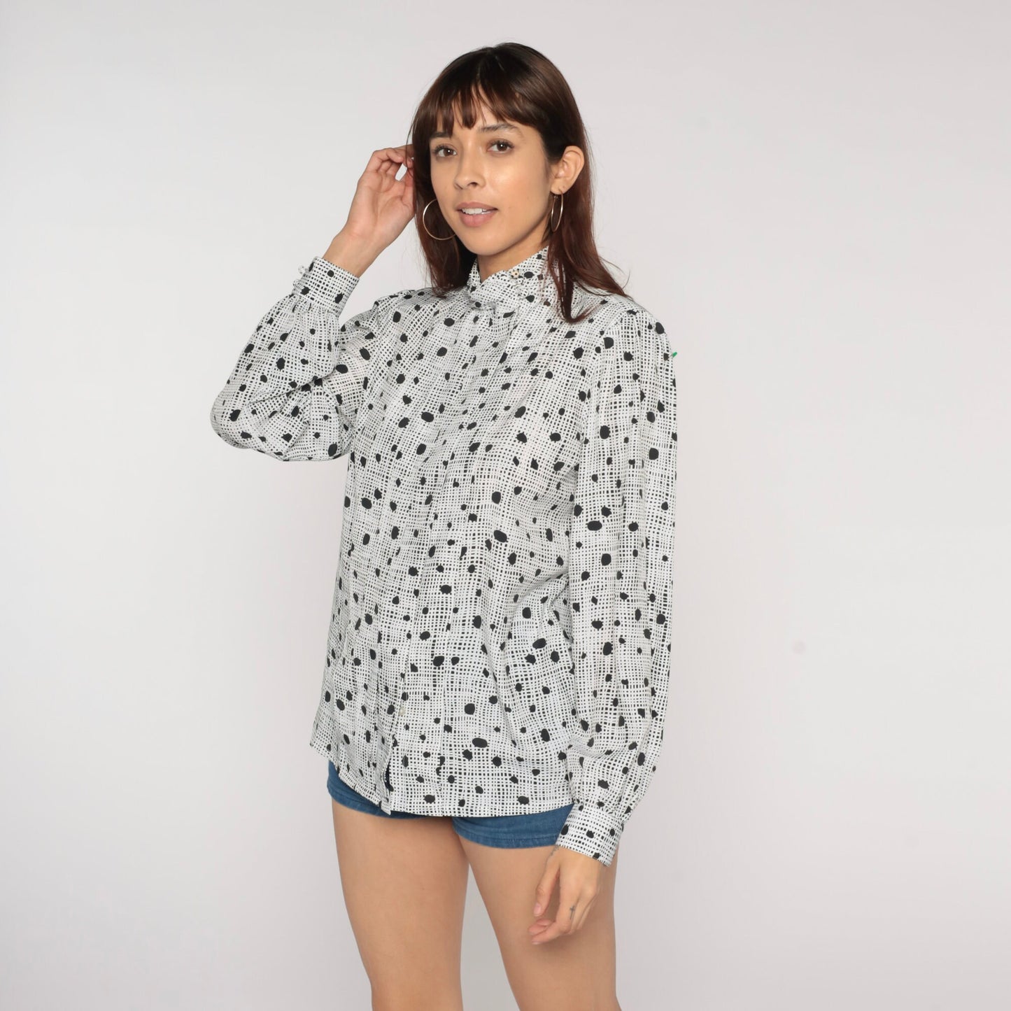 80s Black White Polka Dot Mock Neck Blouse Pleated Long Sleeve Large