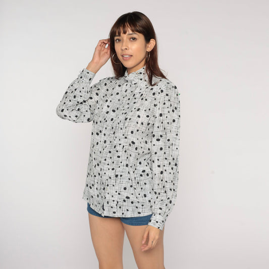 80s Black White Polka Dot Mock Neck Blouse Pleated Long Sleeve Large