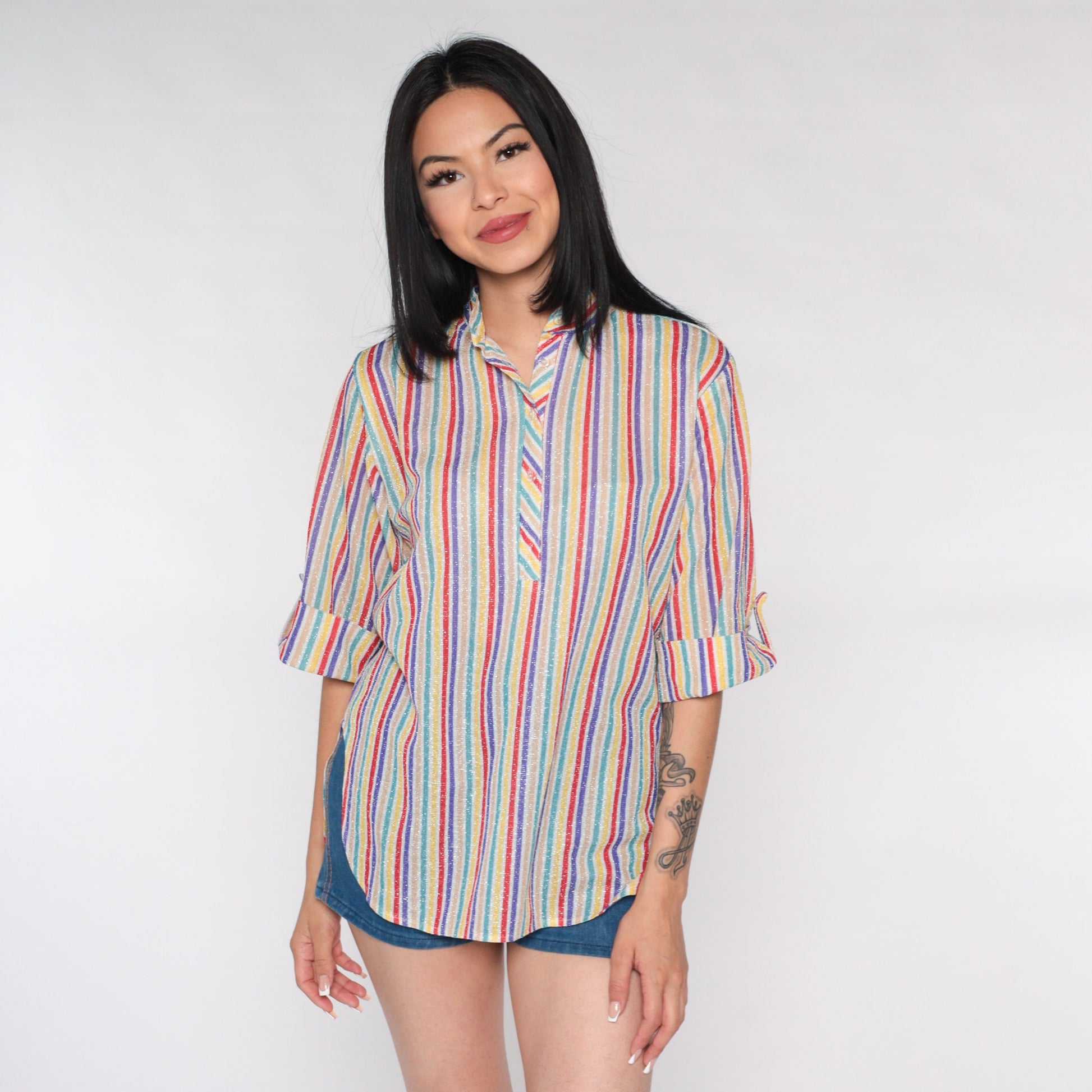 70s Metallic Rainbow Striped Button-Up Blouse 3/4 Sleeve Medium