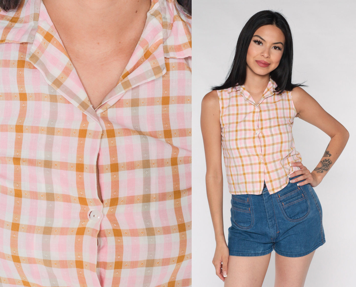 70s Pink Checkered Button-Up Blouse Sleeveless Plaid Top XXS