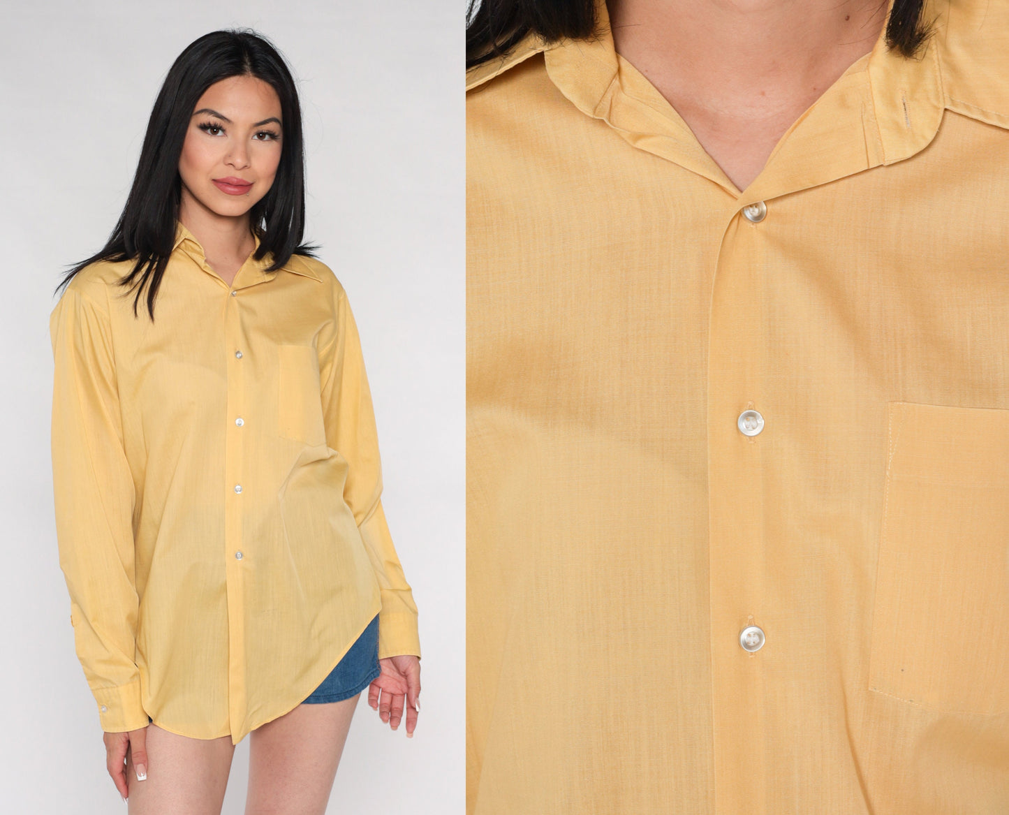 70s Yellow Dagger Collar Button-Up Shirt Long Sleeve Men's Medium