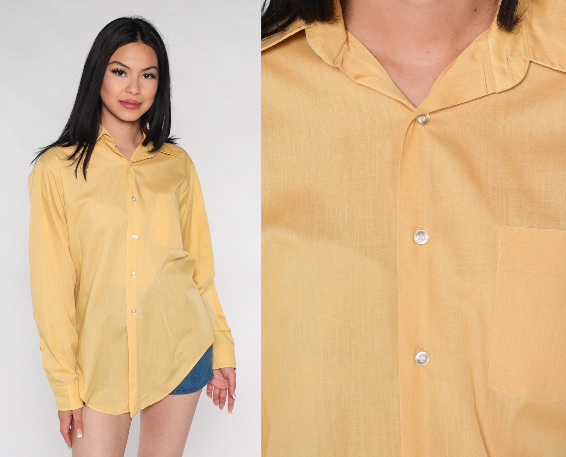 70s Yellow Dagger Collar Button-Up Shirt Long Sleeve Men's Medium