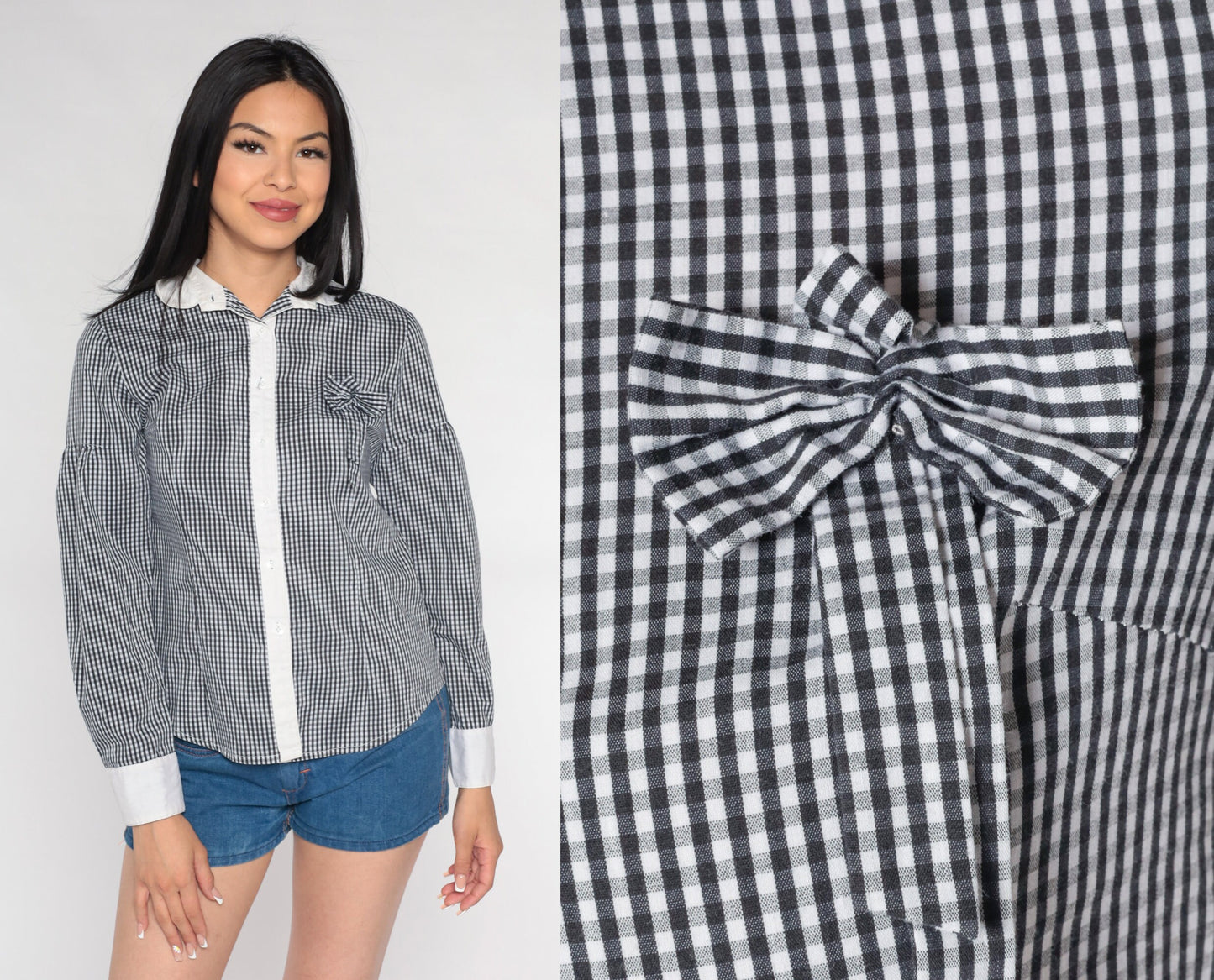 80s Black White Gingham Button-Up Blouse Bow Chest Long Sleeve Small S